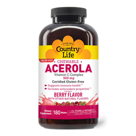 Flacon de Country Life Complexe de Vitamine C Acerola 500 mg avec 180 comprimés à mâcher