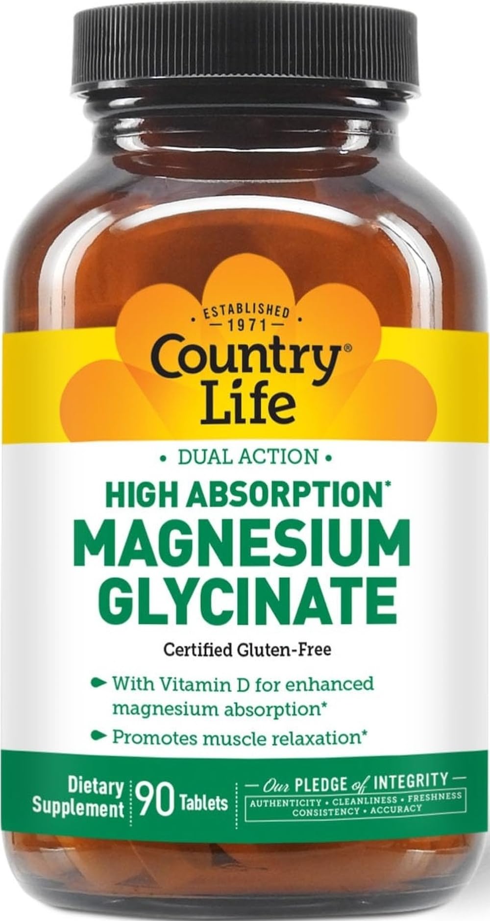 Flacon de Country Life Glycinate de Magnésium 350 mg avec Vitamine D3, 90 comprimés