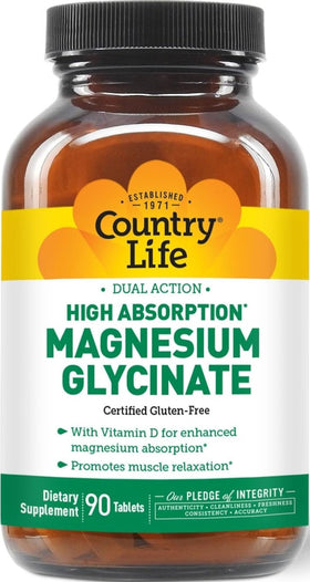 Flacon de Country Life Glycinate de Magnésium 350 mg avec Vitamine D3, 90 comprimés
