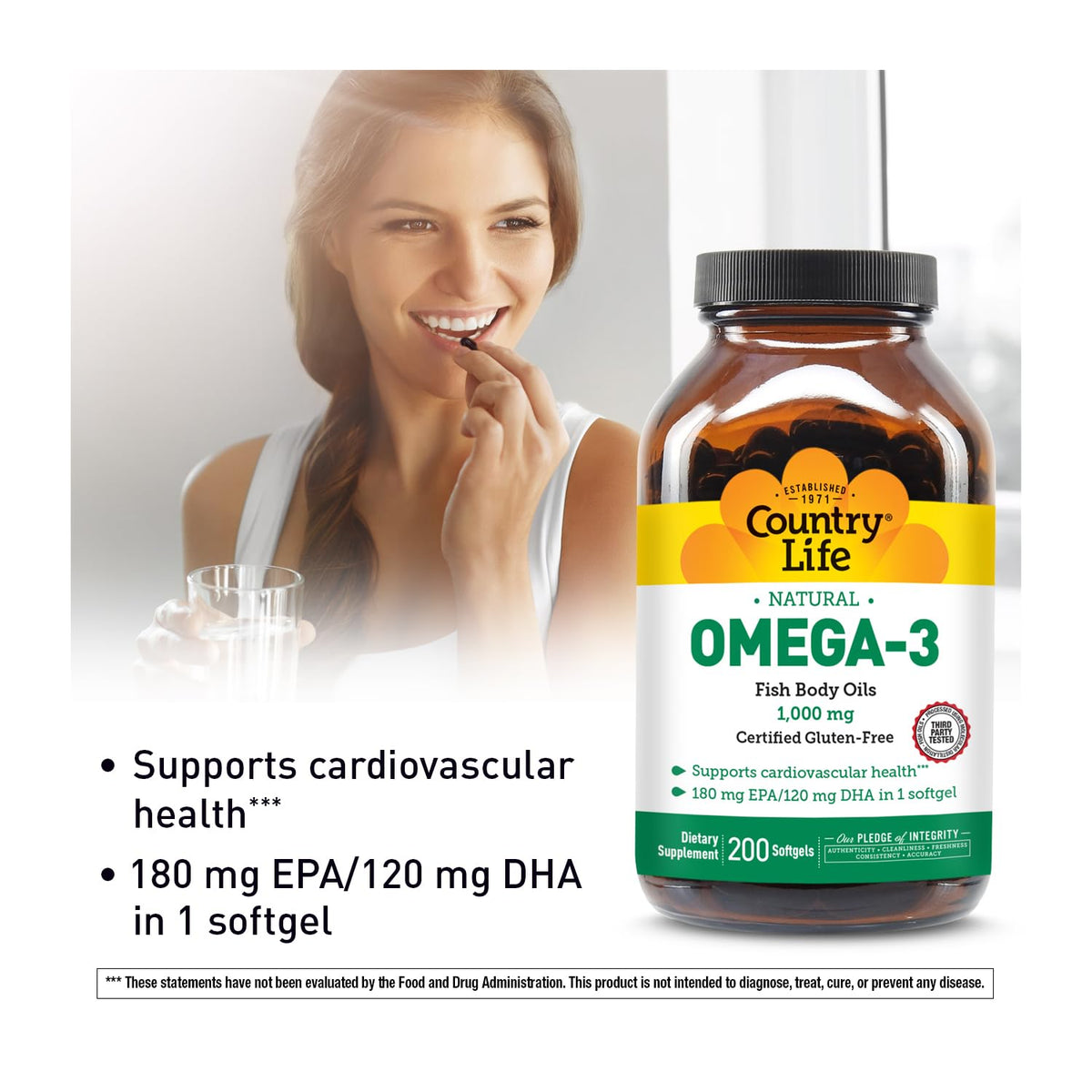 Flacon de Country Life Huile de Poisson Omega-3 1000 mg