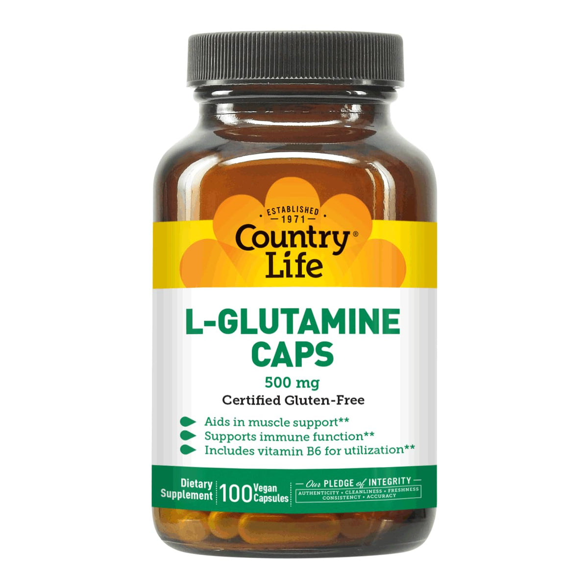 Flacon de Country Life L-Glutamine 500 mg avec B6, 100 capsules