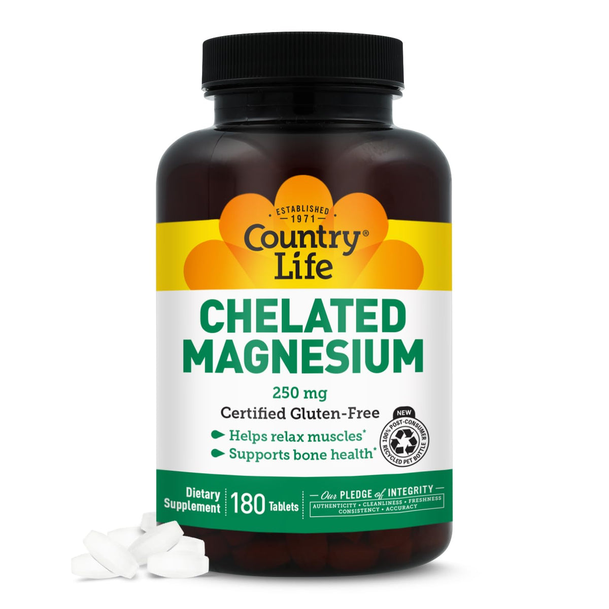 Flacon de Country Life Magnésium Chélaté 250 mg 180 comprimés