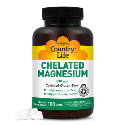 Flacon de Country Life Magnésium Chélaté 250 mg 180 comprimés