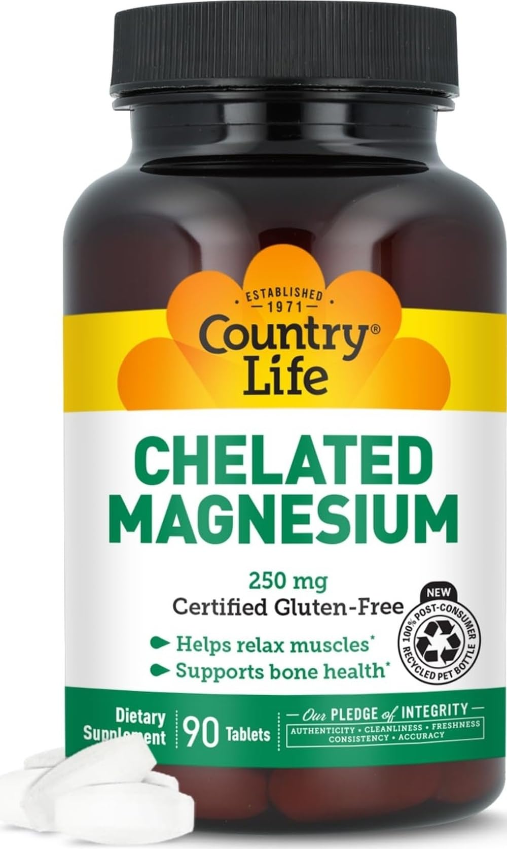 Flacon de Country Life Magnésium Chélaté 250 mg, 90 comprimés