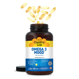 Flacon de Country Life Omega 3 Mood ouvert montrant gélules