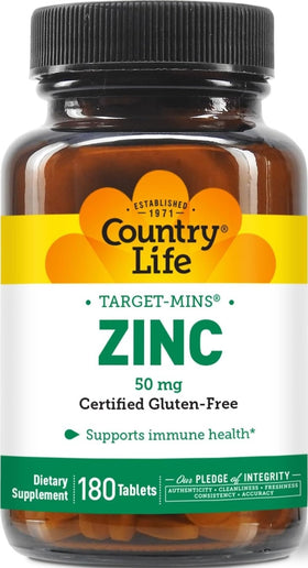 Flacon de Country Life Target-Mins Zinc 50 mg 180 comprimés vue de face