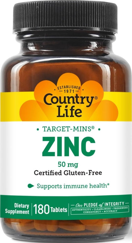 Flacon de Country Life Target-Mins Zinc 50 mg 180 comprimés vue de face