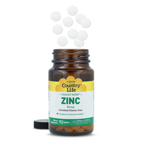 Flacon de Country Life Zinc 50 mg ouvert avec comprimés visibles