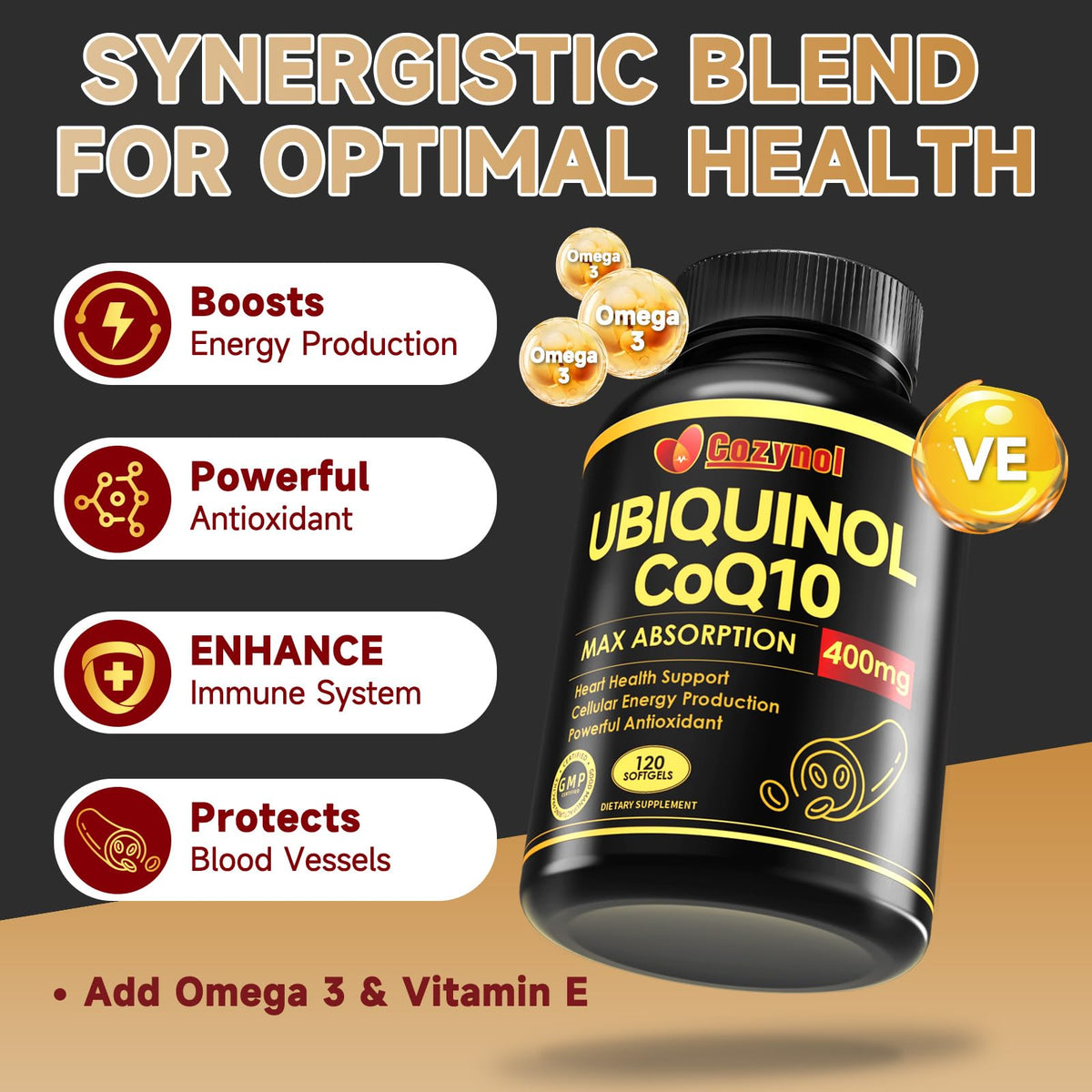 Flacon de Cozynol Ubiquinol CoQ10 400mg Softgels ouvert