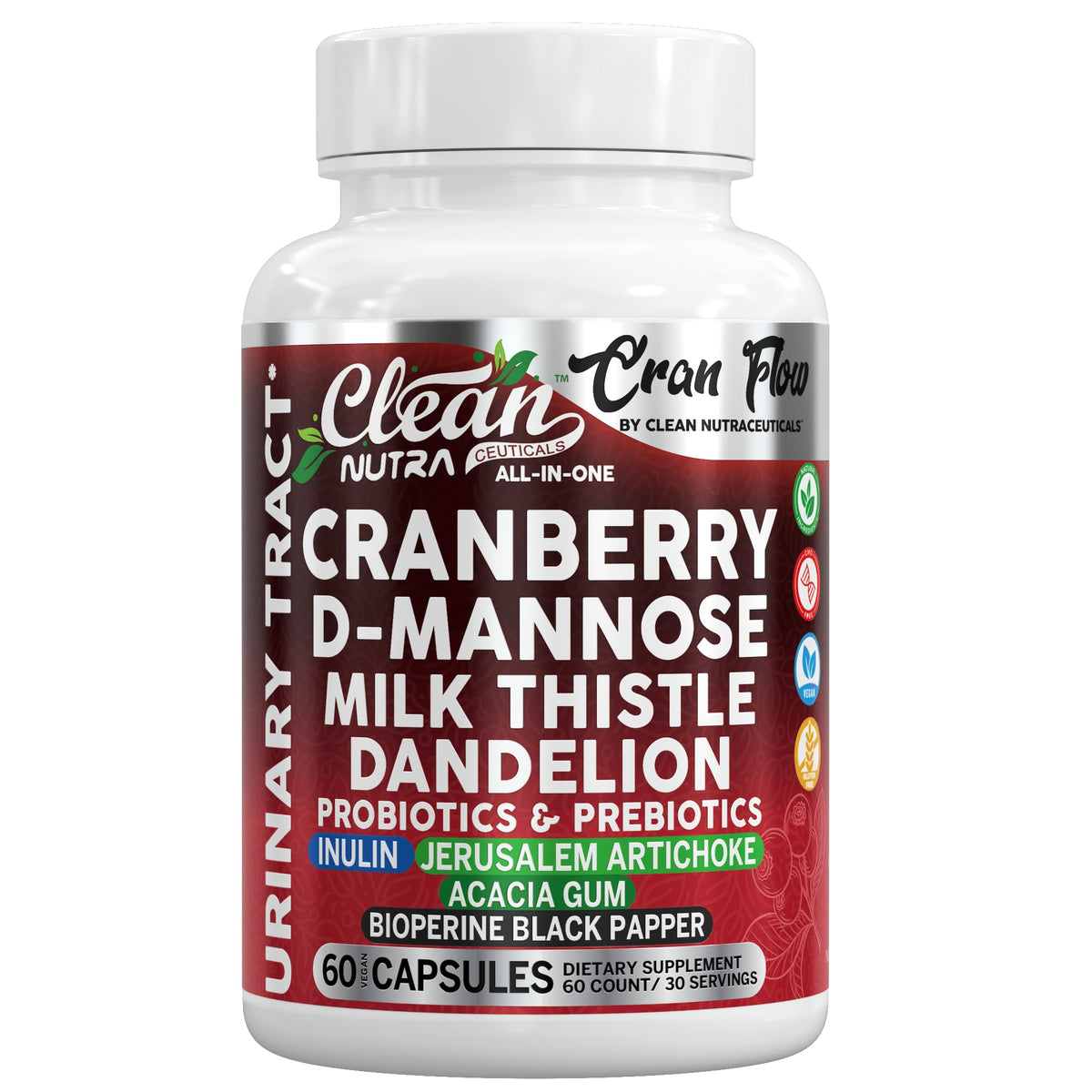 Flacon de Cran Flow de Clean Nutraceuticals avec 60 capsules