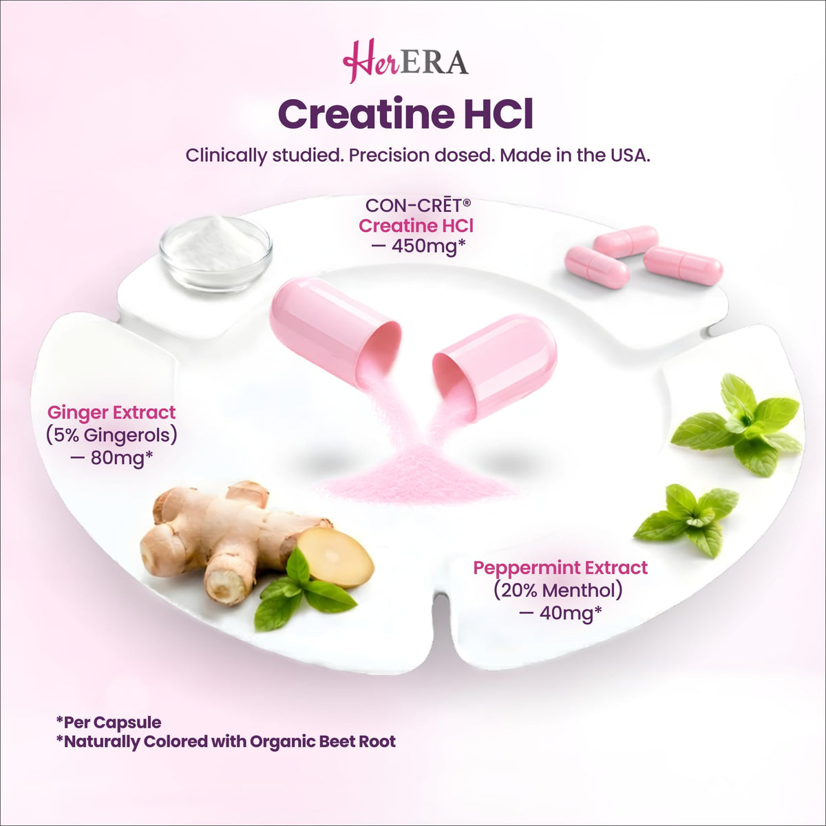 Flacon de créatine HCl Her ERA avec des accessoires de fitness en arrière-plan