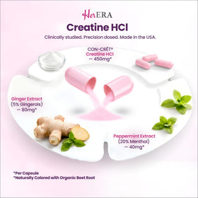 Flacon de créatine HCl Her ERA avec des accessoires de fitness en arrière-plan
