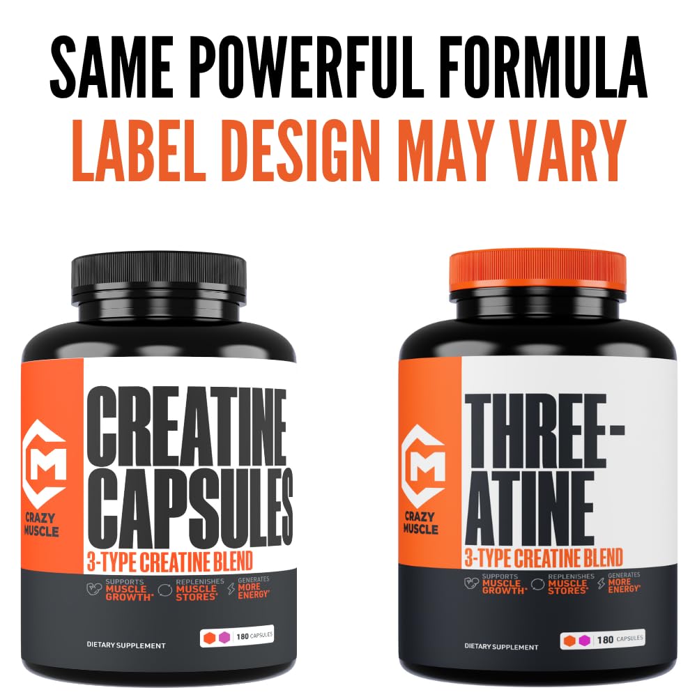 Flacon de créatine monohydrate Crazy Muscle ouvert montrant les capsules