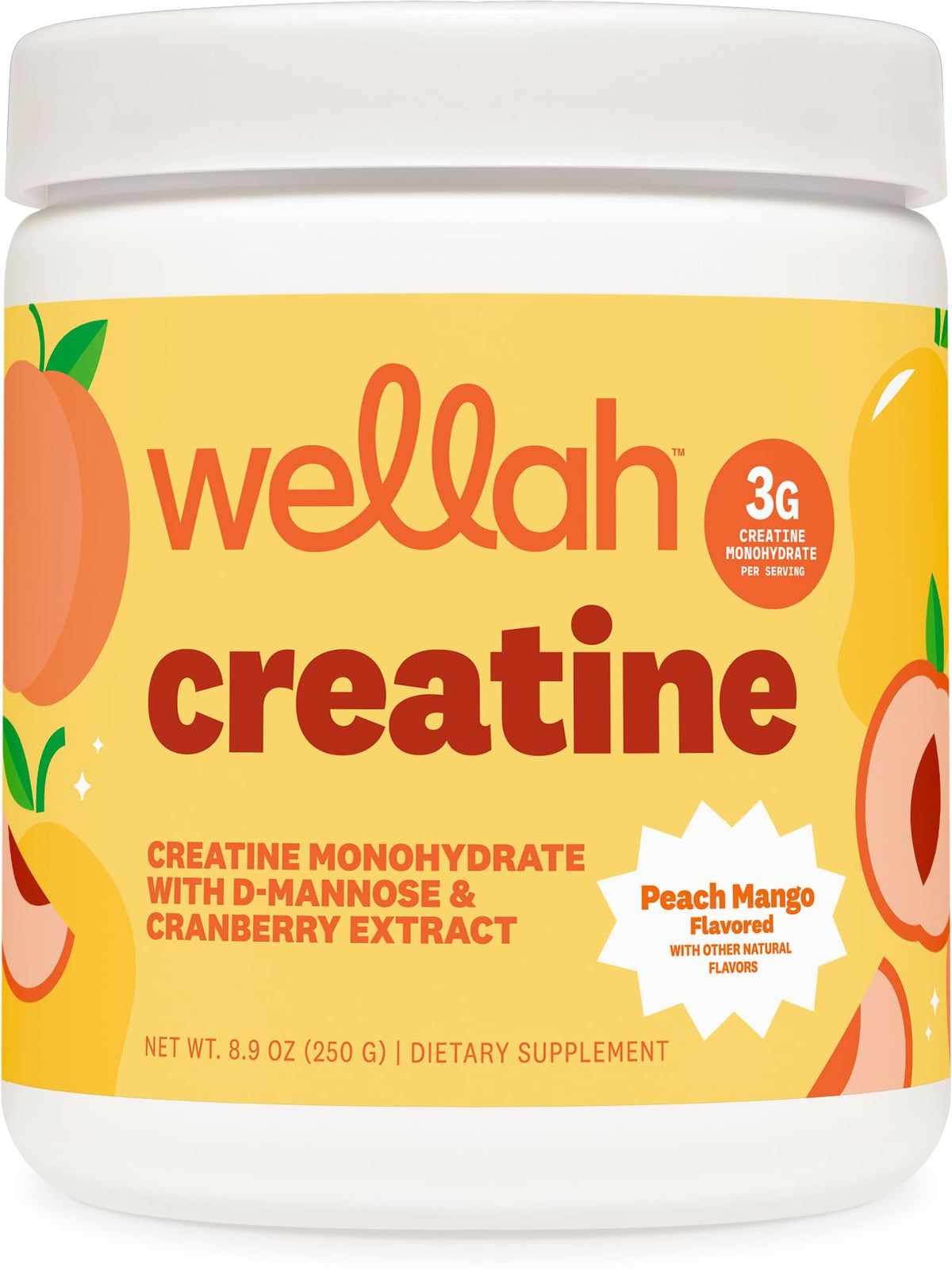 Flacon de créatine Wellah pour femmes, saveur pêche mangue, vue de face