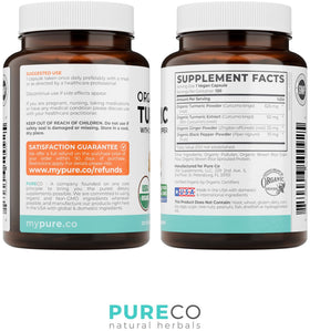 Flacon de curcuma bio PURE CO avec un verre d'eau à côté