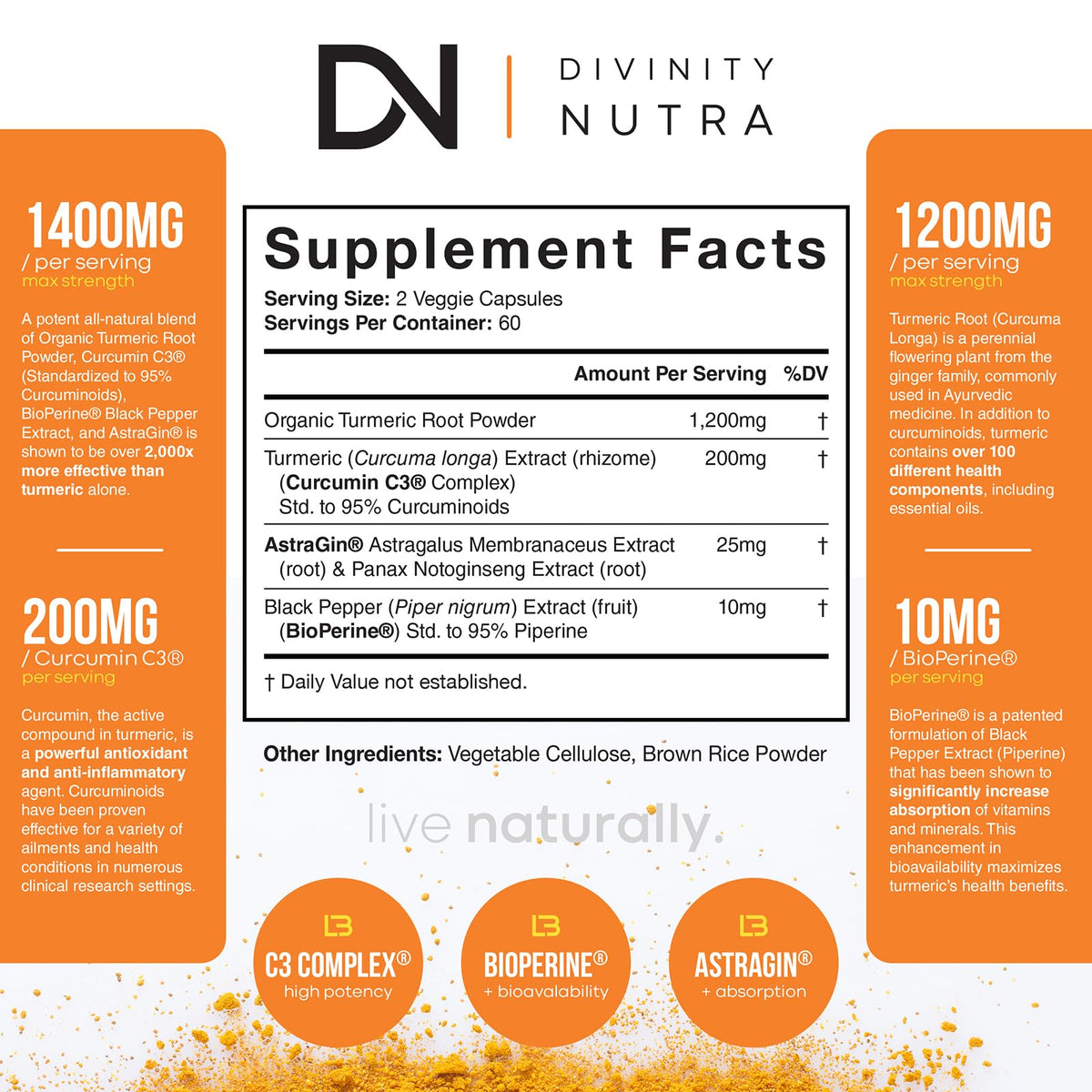 Flacon de Curcuma Curcumin 1400mg de Divinity Nutra, arrière