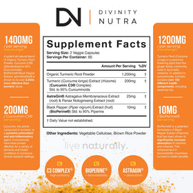 Flacon de Curcuma Curcumin 1400mg de Divinity Nutra, arrière