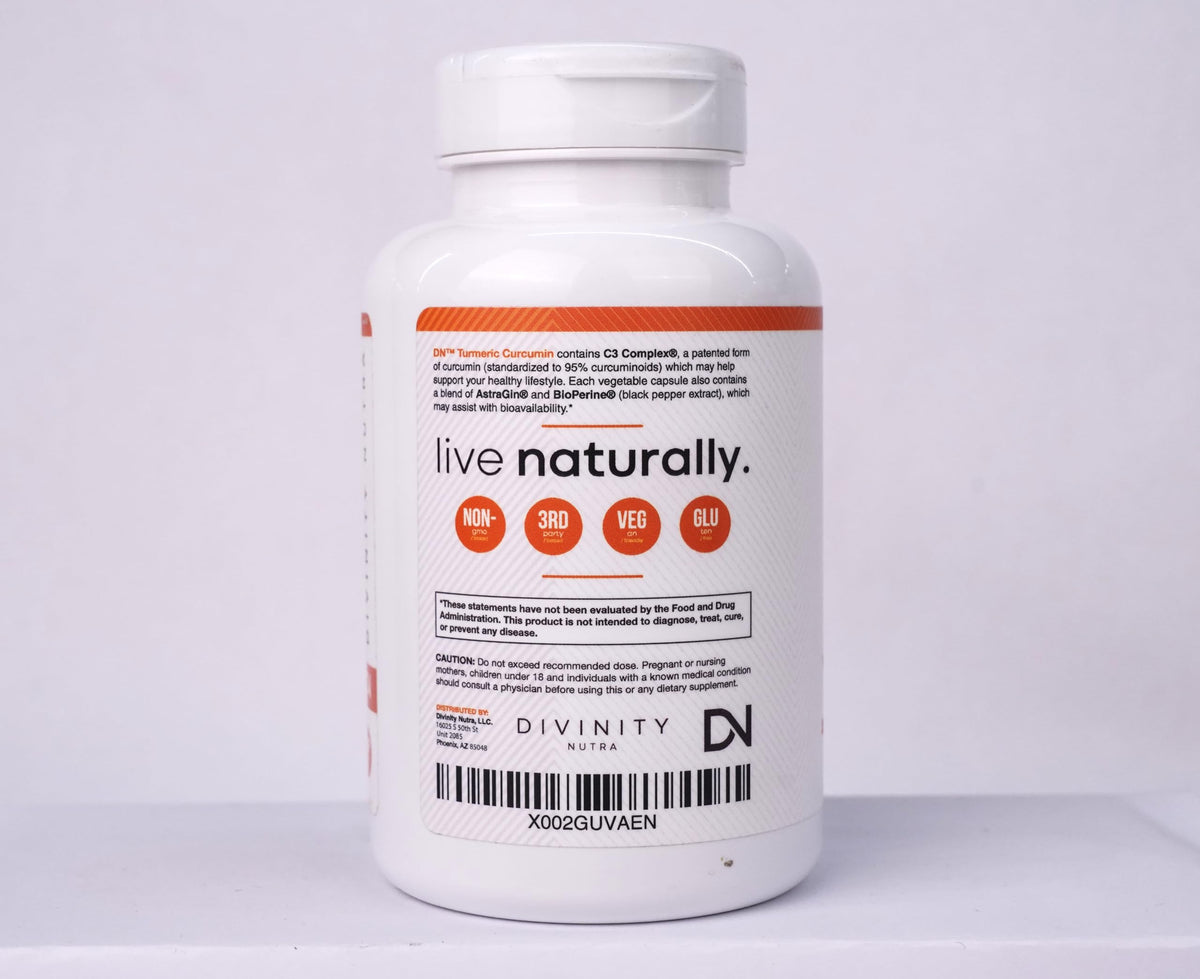 Flacon de Curcuma Curcumin 1400mg de Divinity Nutra avec des herbes