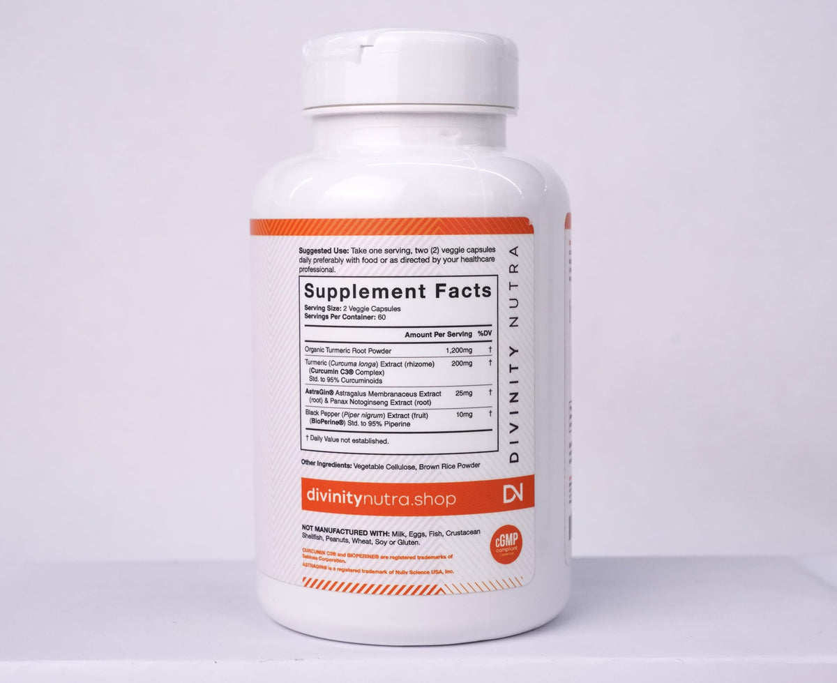 Flacon de Curcuma Curcumin 1400mg de Divinity Nutra, étiquette