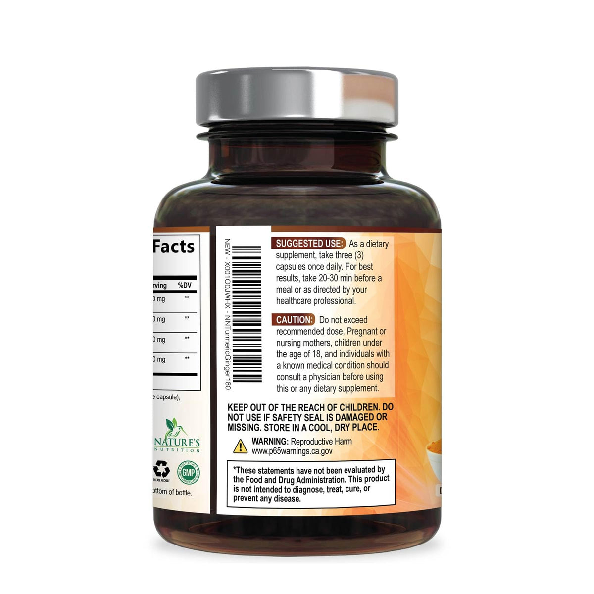 Flacon de Curcuma et Gingembre Nature's Nutrition avec arrière-plan naturel