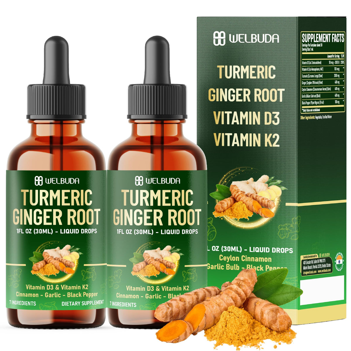 Flacon de Curcuma Liquide 7en1 WELBUDA 30ml vue de face