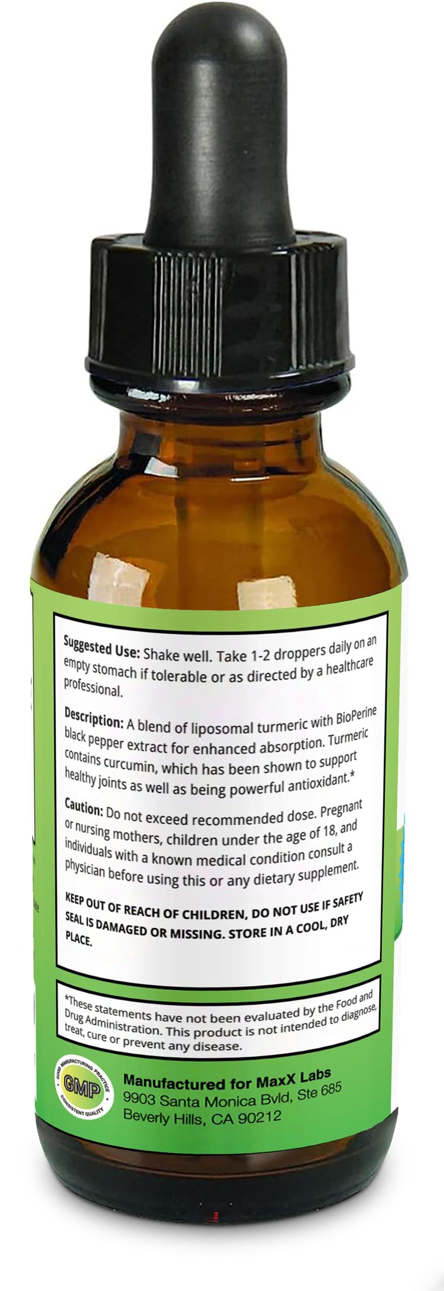 Flacon de curcuma liquide MaxX Labs avec arrière-plan de plantes médicinales