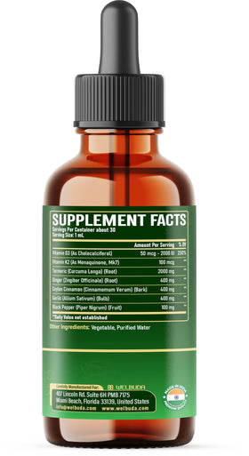 Flacon de Curcuma Liquide WELBUDA avec arrière-plan naturel