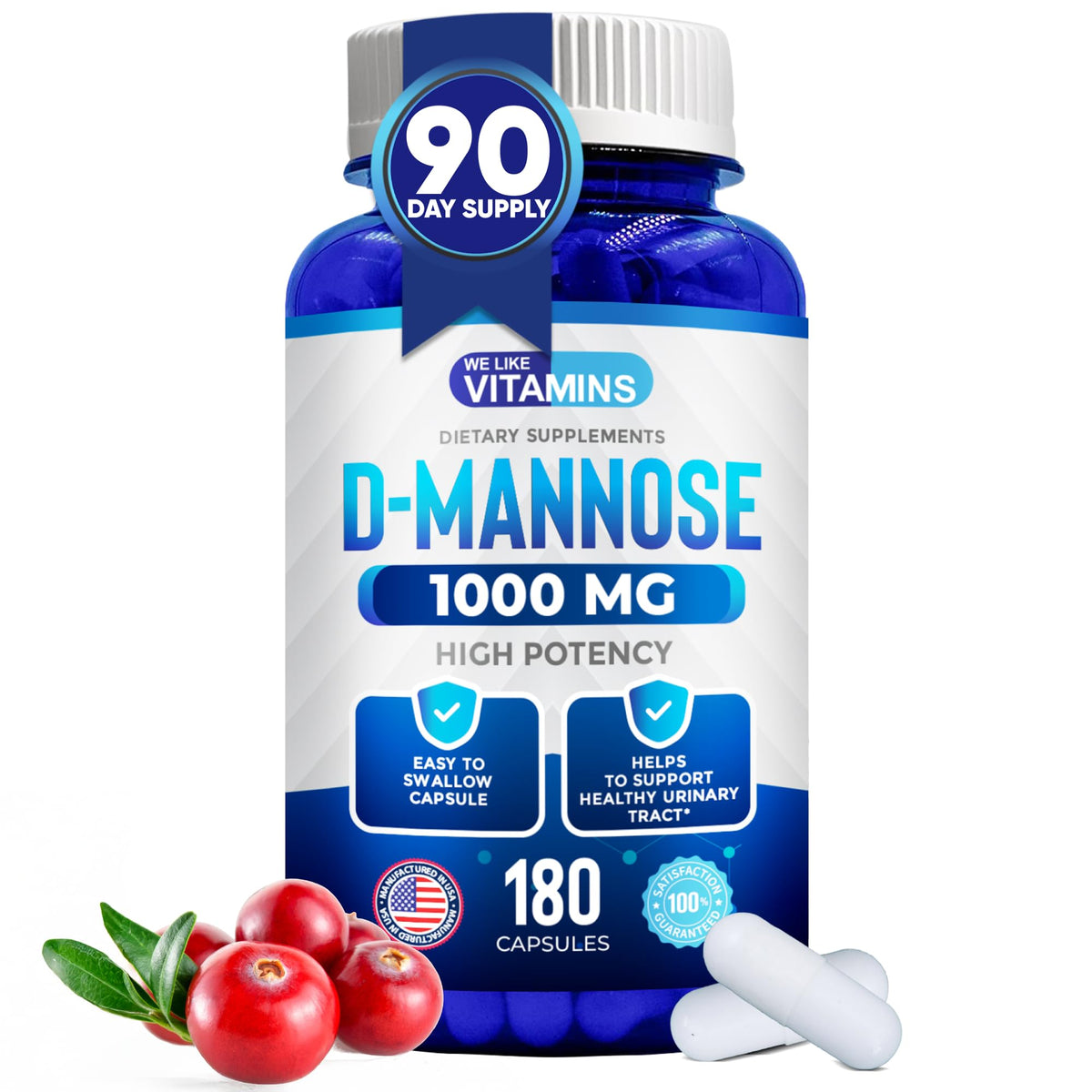 Flacon de D-Mannose 1000mg 180 capsules We Like Vitamins vue de face