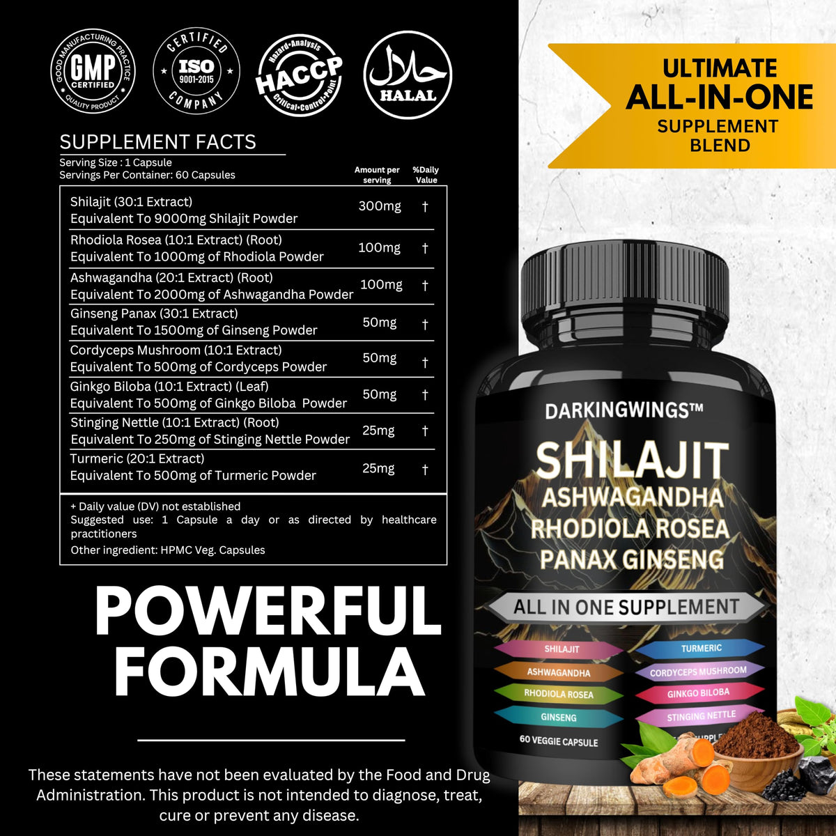 Flacon de Darkingwings 8-en-1 Shilajit avec capsules visibles