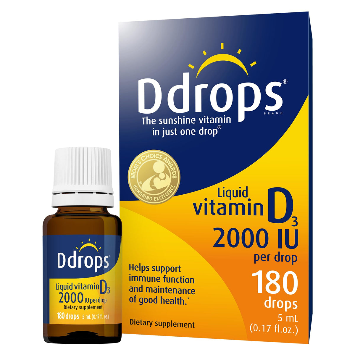 Flacon de Ddrops D3 2000UI 180 gouttes, vue de face