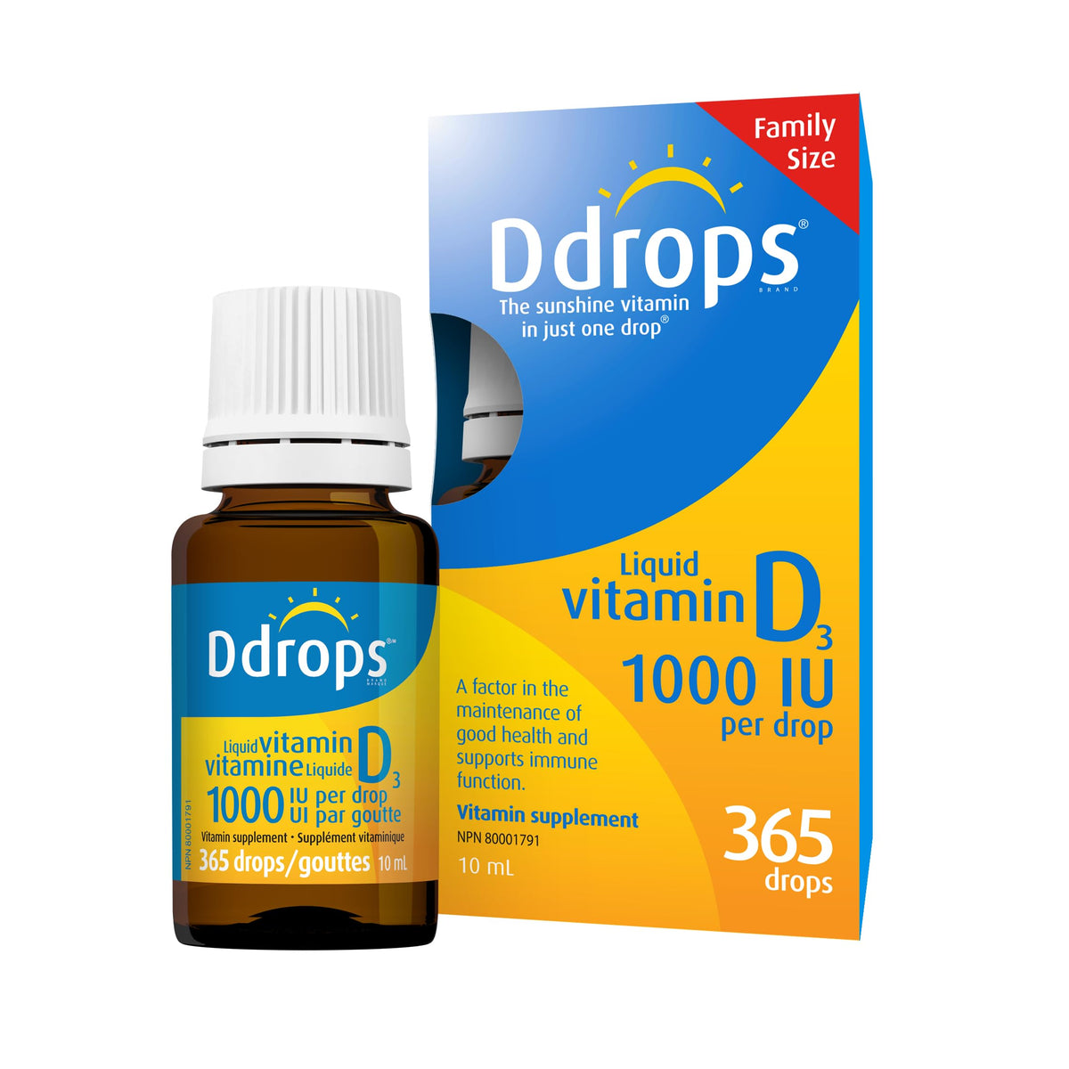 Flacon de Ddrops Vitamine D3 1000UI 365 gouttes vue de face