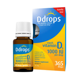 Flacon de Ddrops Vitamine D3 1000UI 365 gouttes vue de face