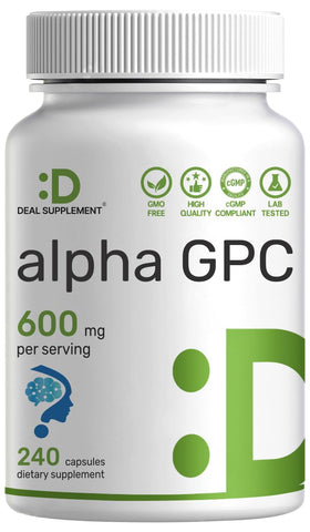 Flacon de DEAL SUPPLEMENT Alpha GPC 600 mg contenant 240 capsules