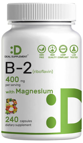 Flacon de Deal Supplement Vitamine B2 400mg avec Magnésium Glycinate 400mg, vue de face