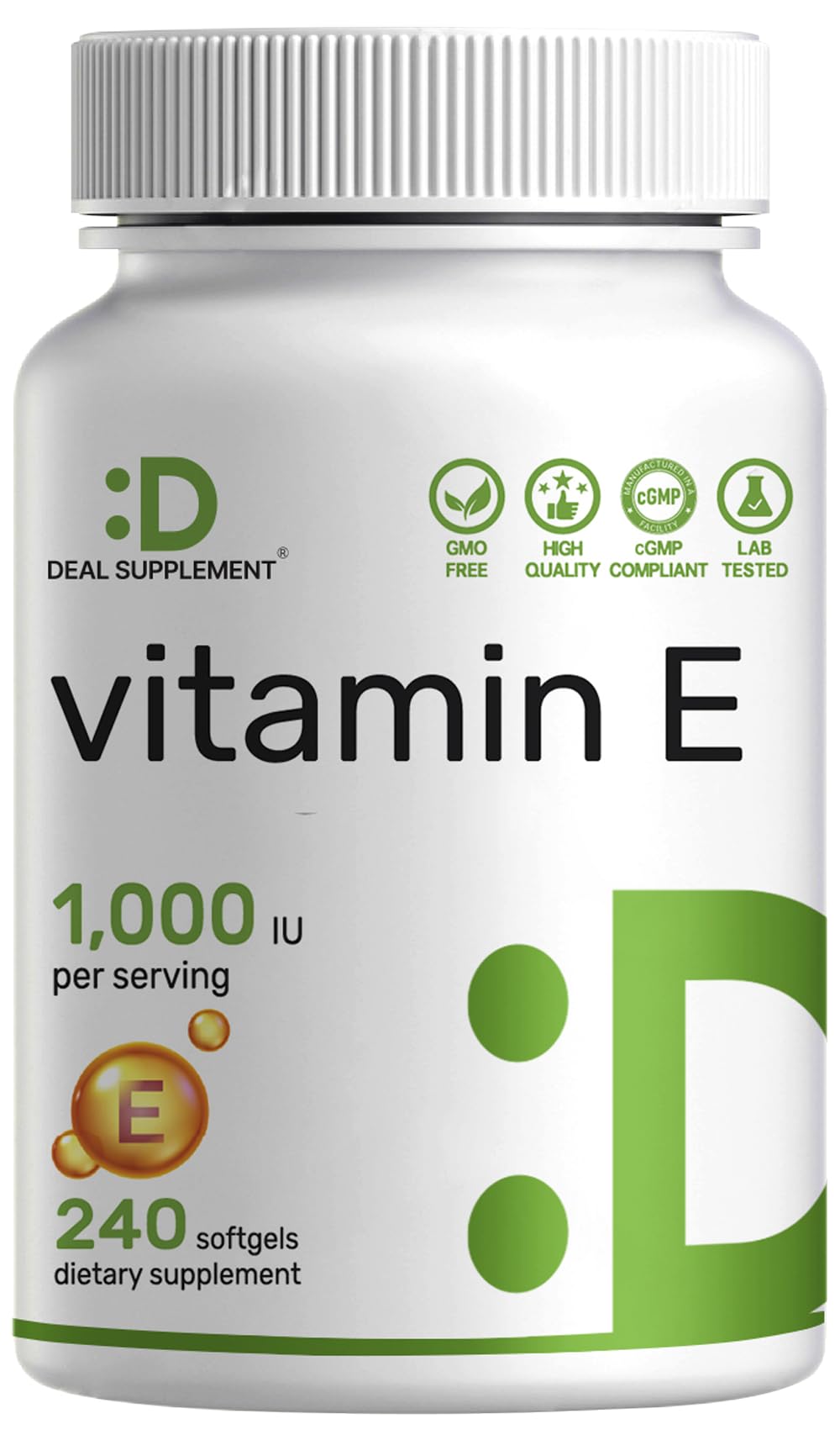 Flacon de DEAL SUPPLEMENT Vitamine E 1 000 IU 240 gélules molles