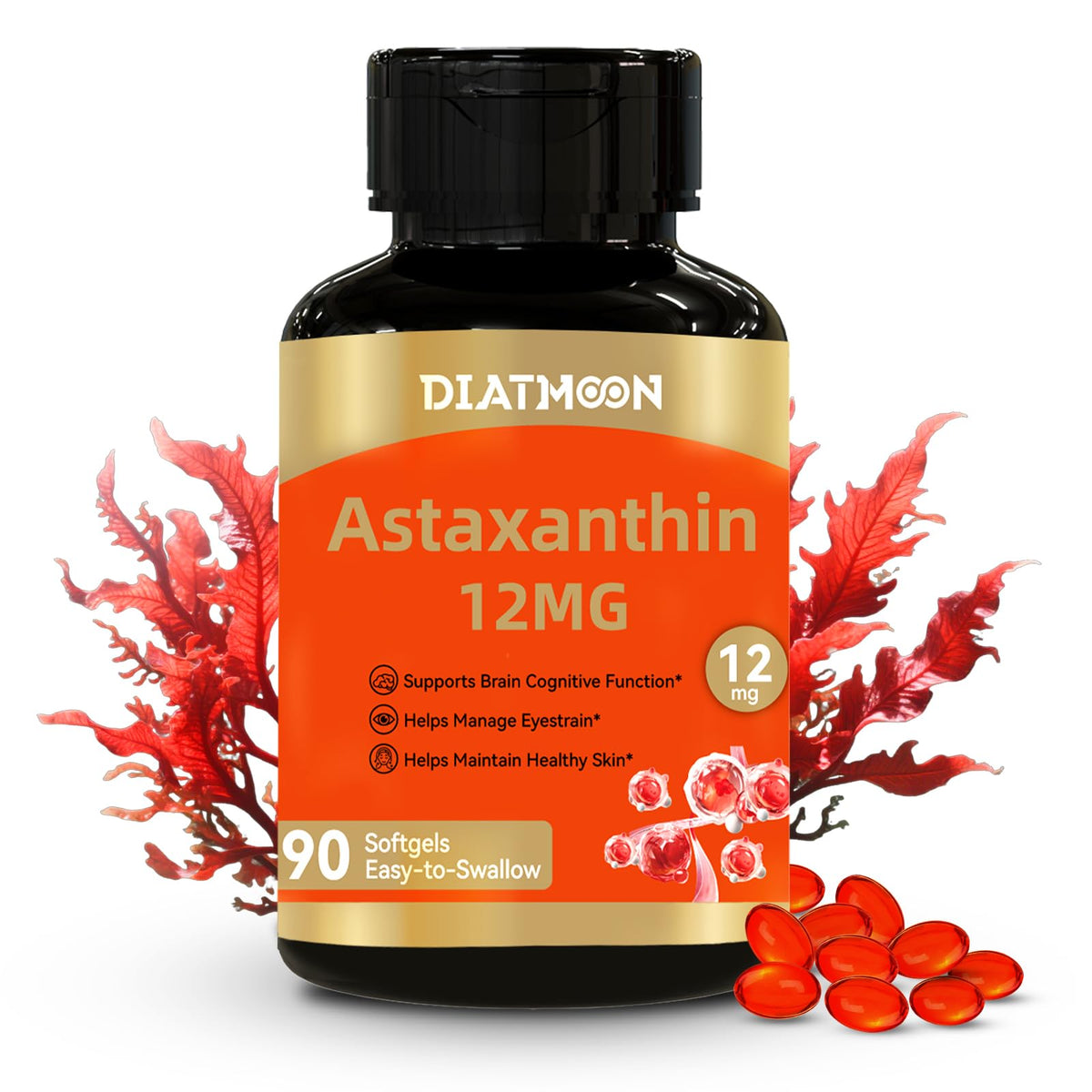 Flacon de DIATMOON Astaxanthin 12mg avec 90 gélules sur fond blanc