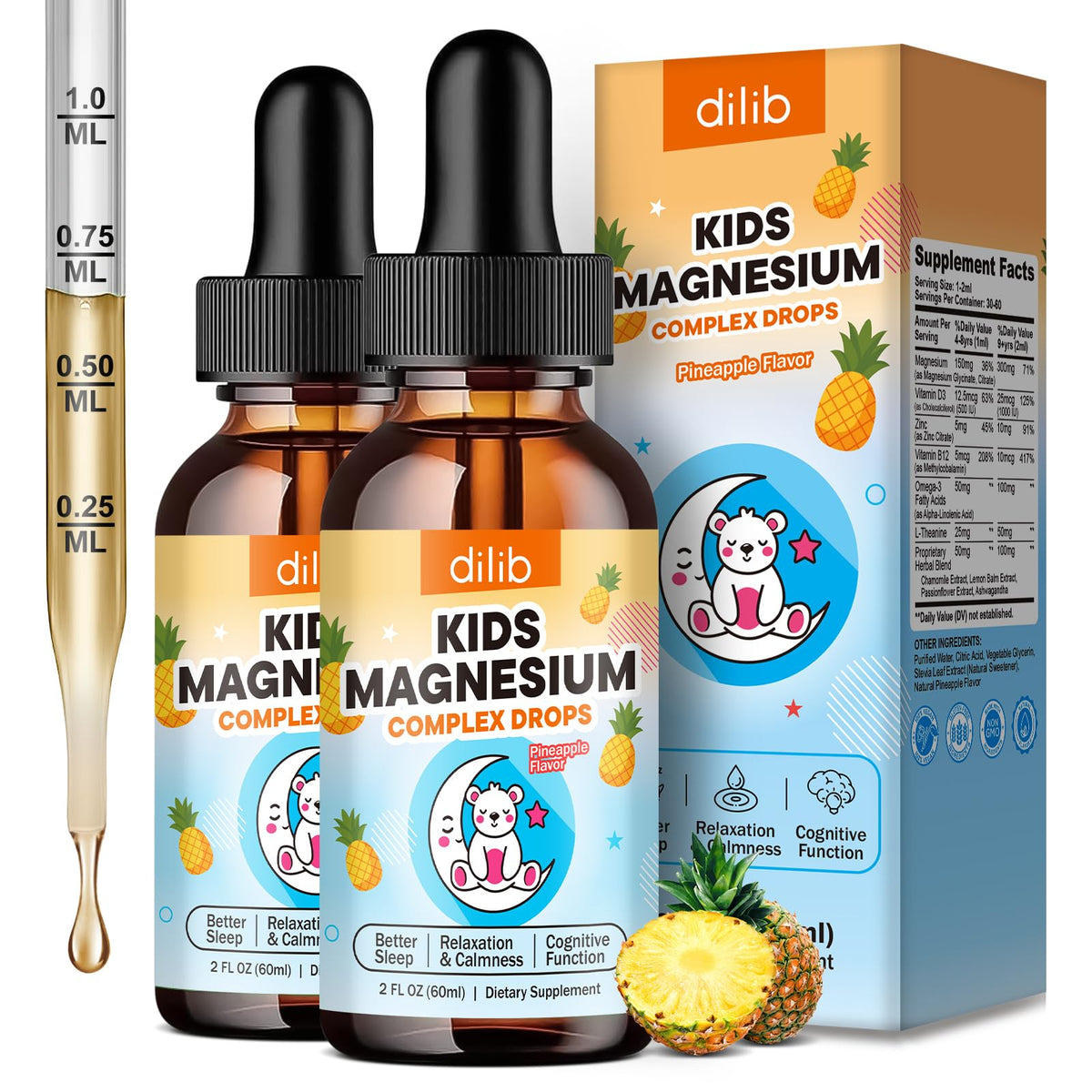 Flacon de dilib complément liquide de magnésium 120 ml saveur ananas