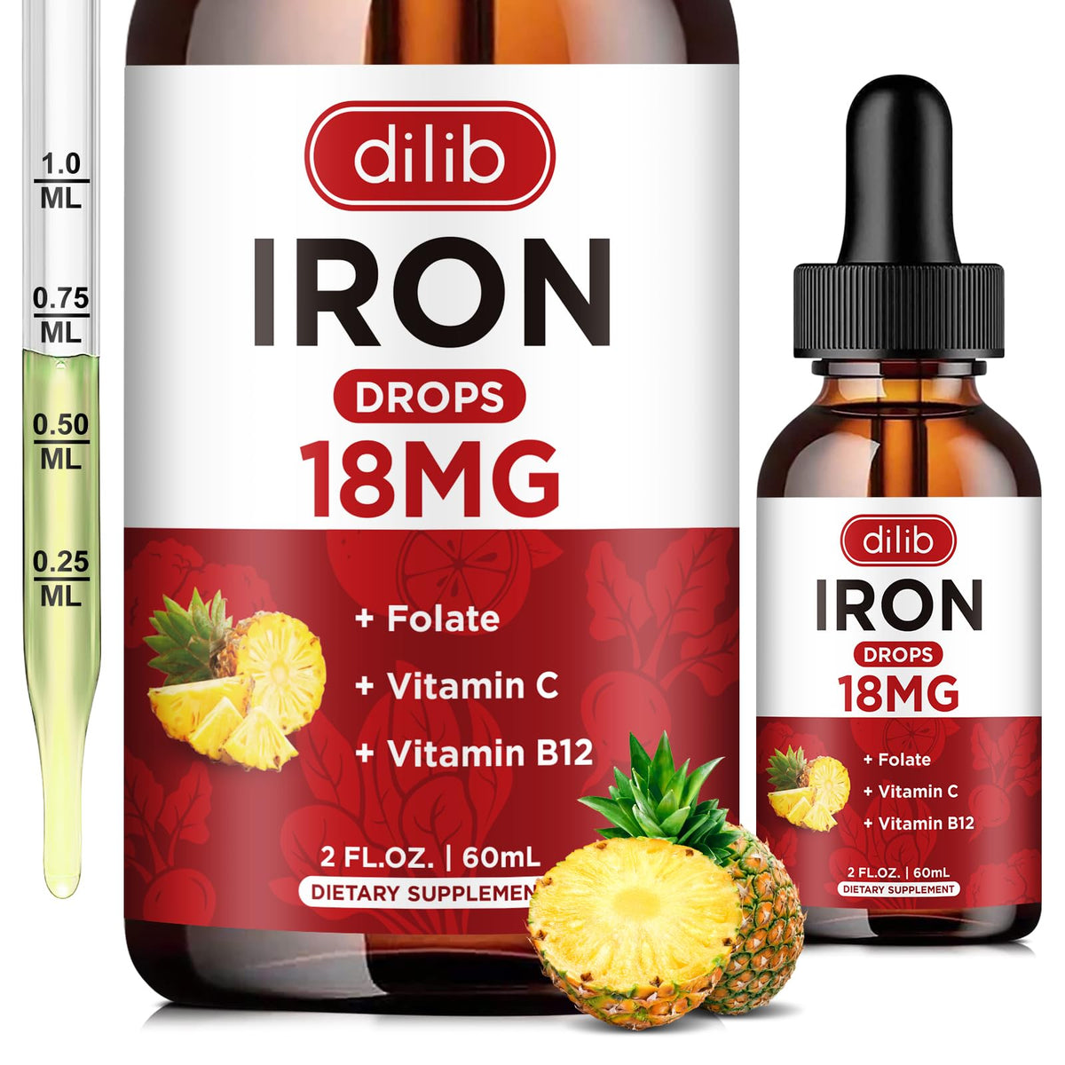 Flacon de dilib Fer Liquide 60 ml saveur ananas vue de face