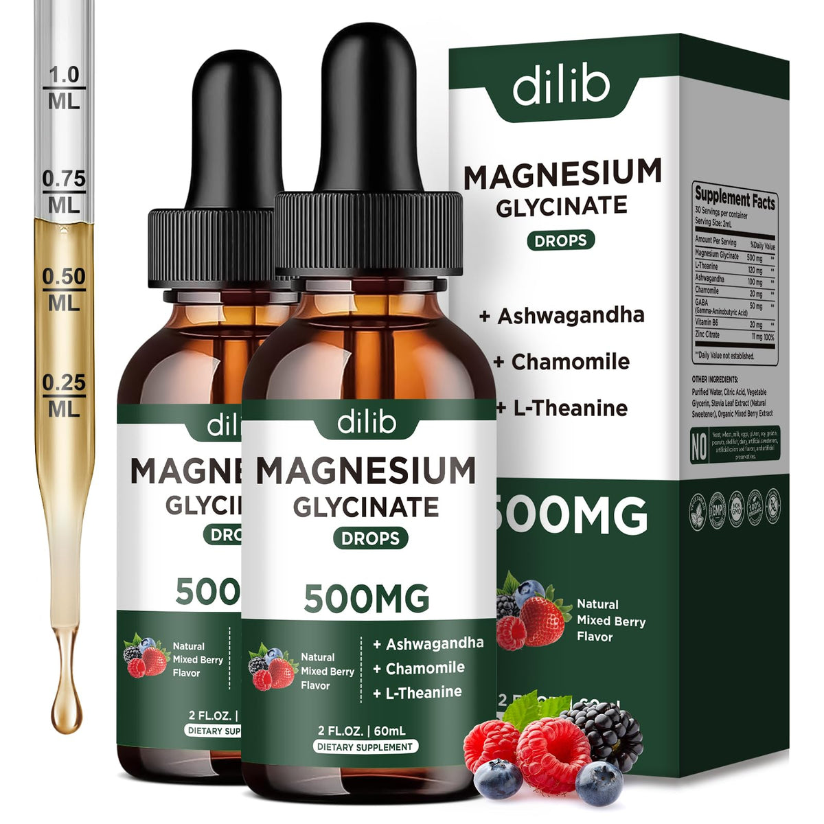 Flacon de dilib Magnésium Glycinate 500 mg 60 ml vue de face