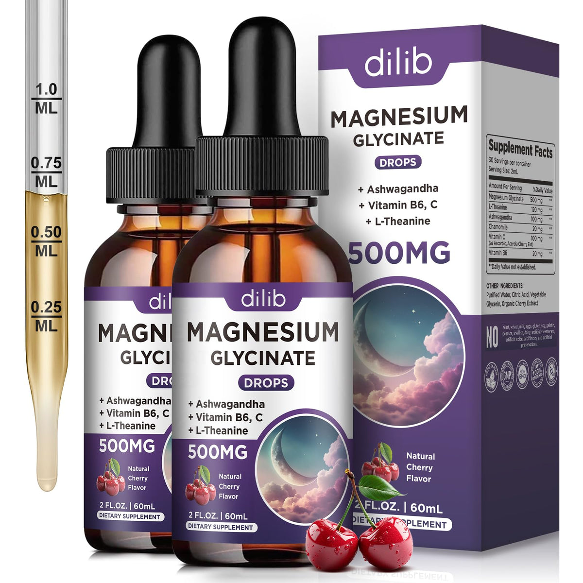 Flacon de dilib Magnésium Glycinate 500 mg avec étiquette cerise