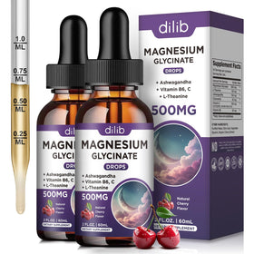 Flacon de dilib Magnésium Glycinate 500 mg avec étiquette cerise