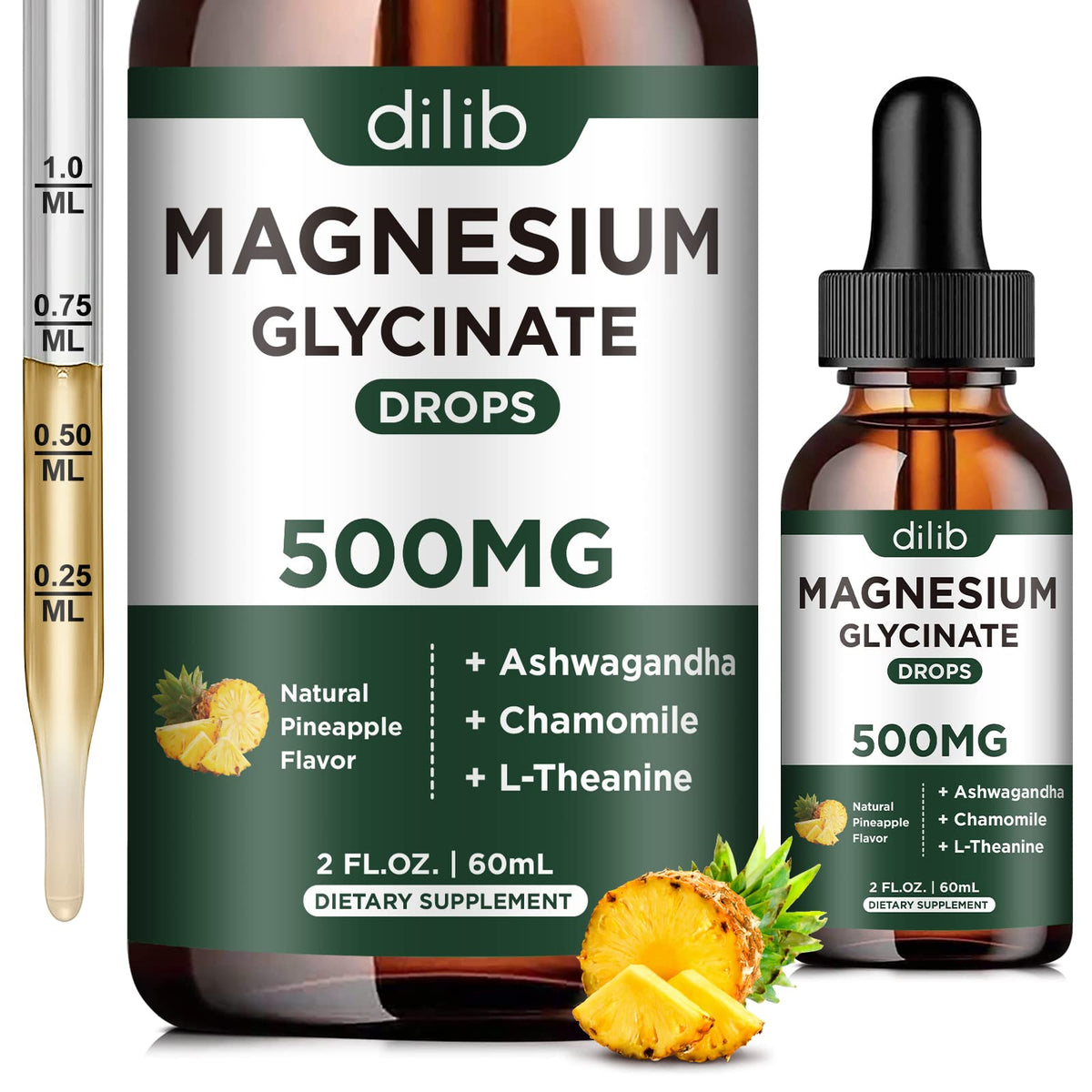 Flacon de dilib Magnésium Glycinate 500mg Liquide 60ml avec étiquette