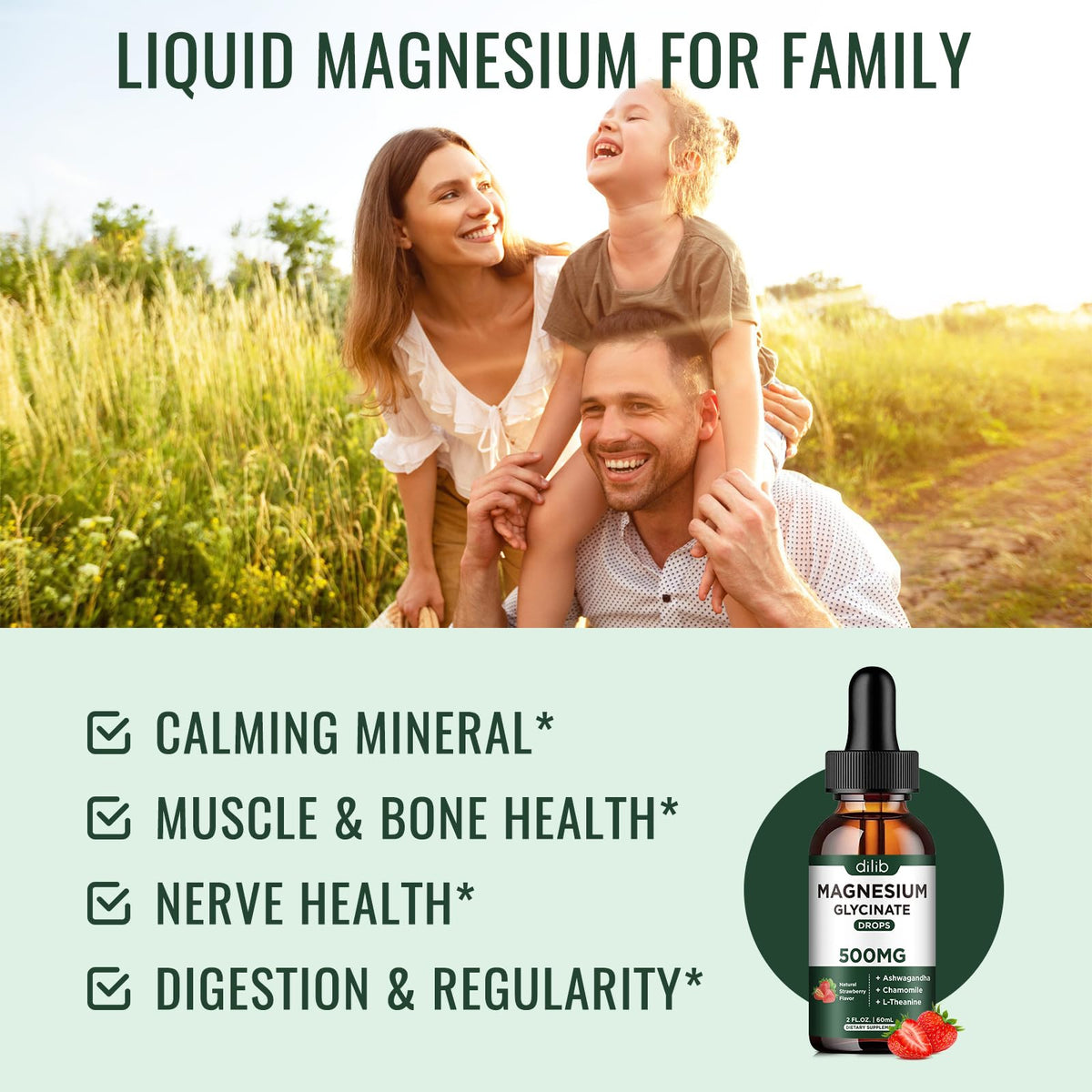 Flacon de dilib Magnésium Glycinate Liquide 500mg avec goutteuse