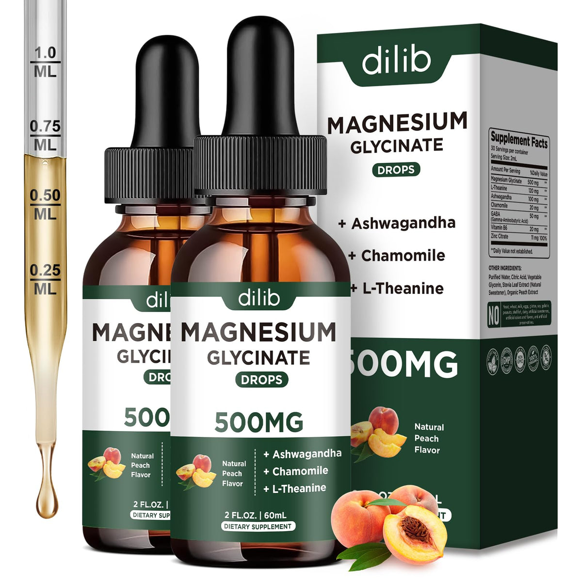 Flacon de dilib Magnésium Glycinate Liquide 500mg vue de face
