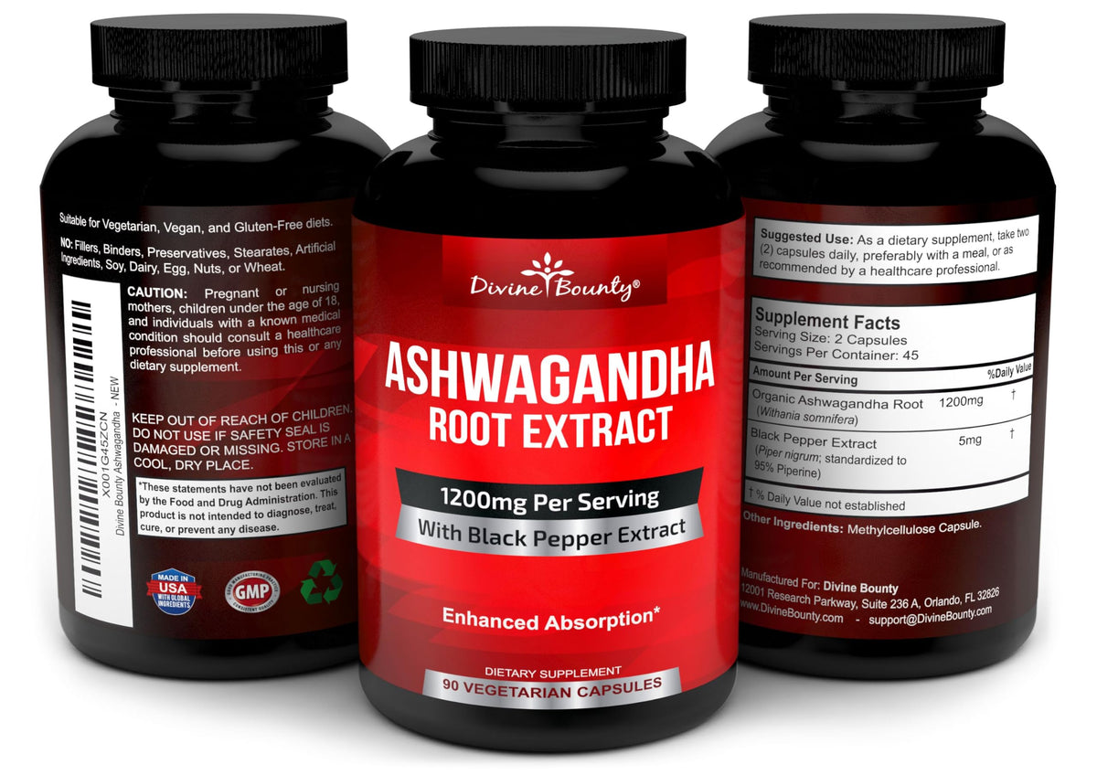 Flacon de Divine Bounty Ashwagandha 1200mg avec étiquette