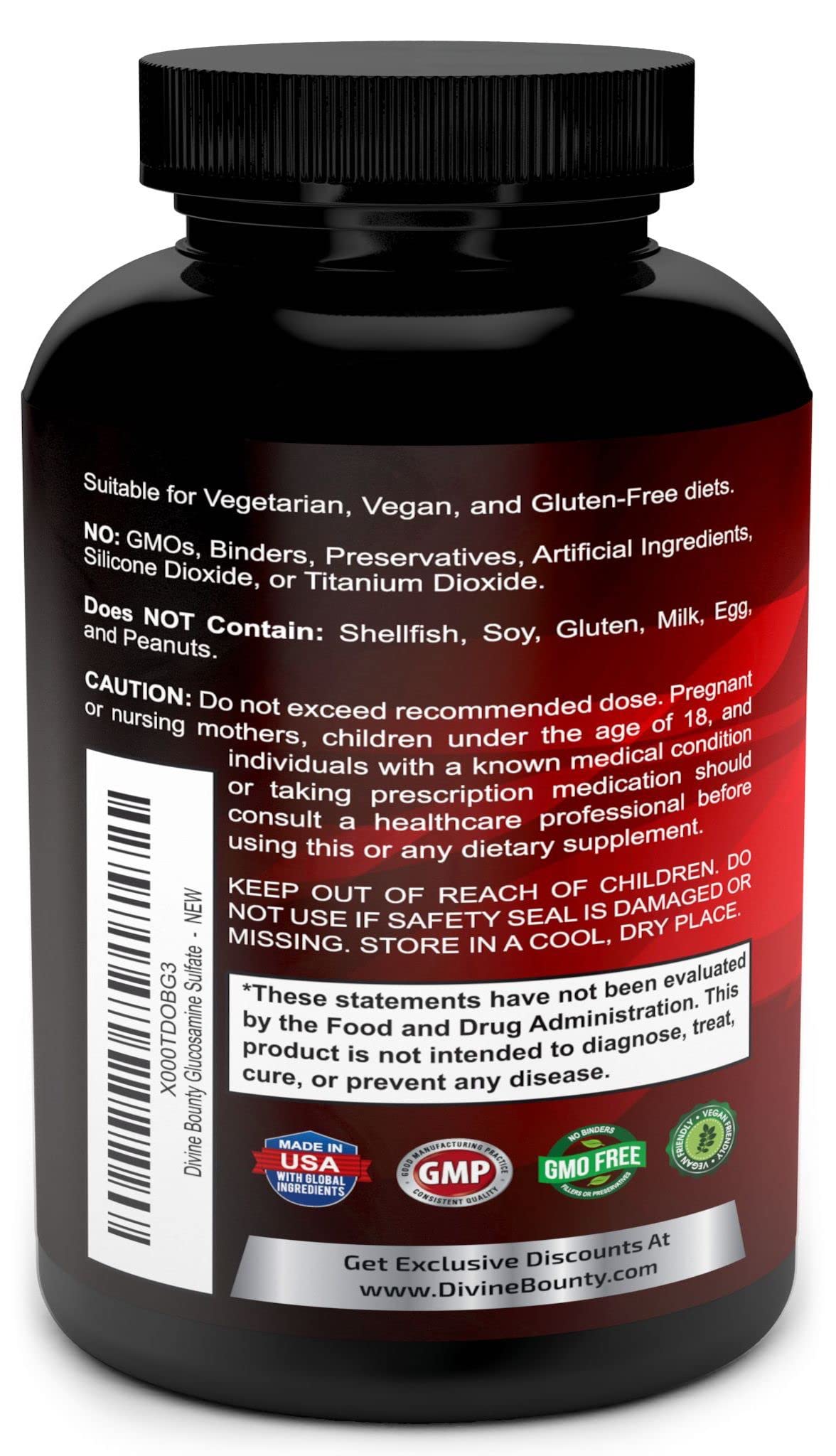 Flacon de Divine Bounty Glucosamine Sulfate ouvert, montrant les capsules à l'intérieur