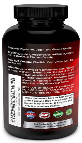 Flacon de Divine Bounty Glucosamine Sulfate ouvert, montrant les capsules à l'intérieur