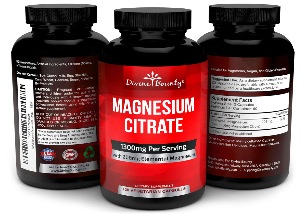 Flacon de Divine Bounty Magnésium Citrate ouvert avec capsules visibles