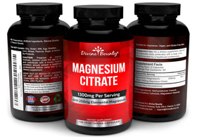 Flacon de Divine Bounty Magnésium Citrate ouvert avec capsules visibles