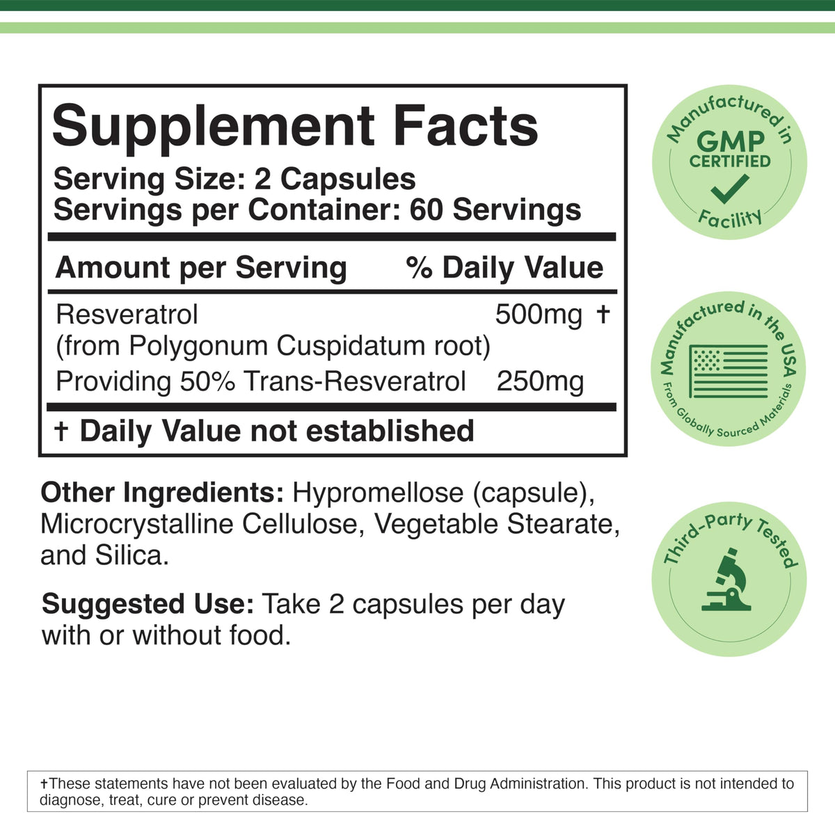 Flacon de Double Wood Resveratrol 500mg avec informations nutritionnelles